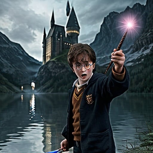 Prompt: create a image in which harry potter is holding a wand to fight a baby monster under the lake