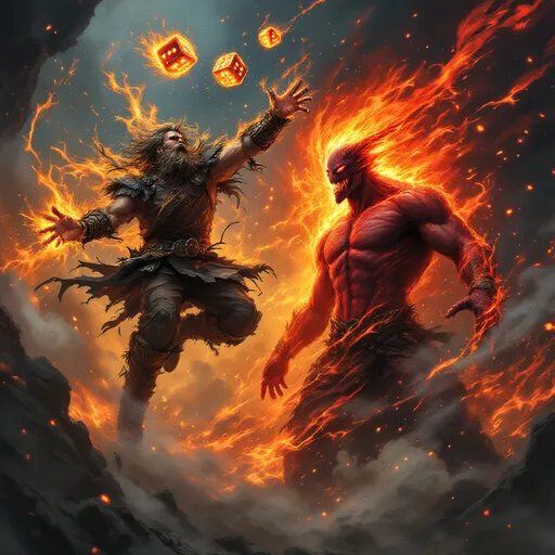 Prompt: A warrior is throwing dice and catching on fire while another warrior turning into a demon