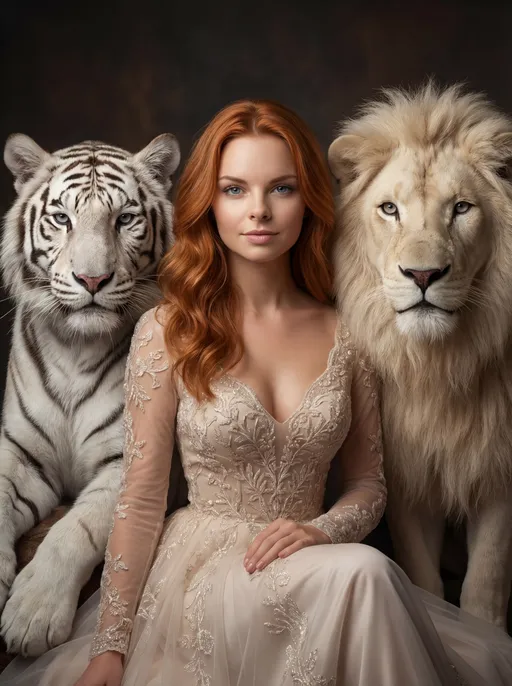 Prompt: Ultra-realistic luxury fantasy portrait of an elegant female AI avatar seated calmly in the center of the frame.
Main composition: The female avatar is centered. On her left side sits a calm white tiger, and on her right side sits a majestic white lion. Both animals are clearly visible, close to her shoulders, facing forward, calm, protective, and serene.
Appearance: Female AI avatar with harmonious, symmetrical facial features, soft expressive eyes, and natural realistic skin texture. Copper-colored hair, softly wavy, smooth and glossy, naturally falling around the shoulders. Youthful, refined, feminine look.
Expression: Gentle, calm facial expression, soft confidence, relaxed lips, peaceful gaze.
Outfit: Elegant light-toned luxury gown with subtle embroidery and soft shimmer, feminine, flowing, refined.
Animals: White lion and white tiger with realistic fur texture, calm posture, gentle eyes, non-aggressive presence, symbolic guardians.
Lighting: Soft cinematic lighting, warm highlights, gentle glow on face and fur, smooth shadows, no harsh contrast.
Background: Dark, elegant, softly blurred background with a subtle luxury atmosphere (deep brown, charcoal, soft black).
Camera: Front-facing portrait, eye-level, centered composition, medium-close framing (head and upper body visible, animals fully in frame).
Style & Quality: Hyper-realistic, high-end editorial fantasy portrait, soft luxury aesthetic, extremely detailed, 4K–8K quality.