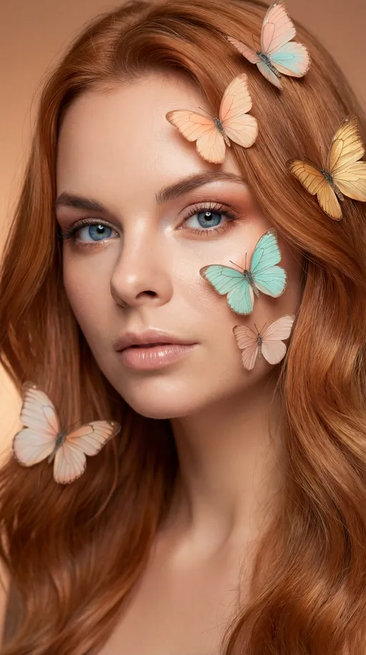 Prompt: A cinematic close-up portrait of a young woman AI avatar with long, softly wavy copper-caramel hair, warm and luminous, matching the background tones. Her skin is smooth and natural with a subtle glow. She has bright blue eyes, soft feminine facial features, and a calm, confident expression.
Delicate butterflies in soft pastel tones (peach, turquoise, blush, warm gold) are gently resting on her face and around her hair, creating a magical yet elegant aesthetic. Makeup is refined and artistic: soft pastel eyeshadow blended with warm copper highlights, natural glossy lips.
The background is a smooth copper-caramel gradient, warm, creamy, and luxurious, perfectly harmonized with her hair color. Soft studio lighting, warm highlights, gentle shadows, cinematic depth of field.
Hyper-realistic, ultra-detailed skin texture, elegant fantasy beauty style, high-end editorial look, magical realism, 8K resolution, sharp focus, premium aesthetic.