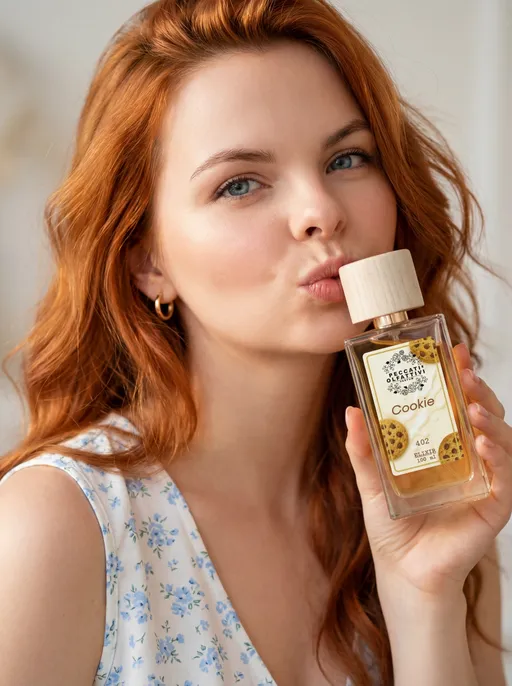 Prompt: This is a high-quality 4K close-up portrait photograph of a young woman from Image 1, created for a luxury perfume advertisement. She has copper-colored, slightly wavy hair with warm, rich tones, softly framing her face and catching the light beautifully. Her hair color appears natural and vibrant, with no blonde or dark tones.
Her skin is fair, smooth, and radiant, with a subtle blush on her cheeks, enhanced by soft, natural lighting that gives her complexion a fresh, healthy glow.
She is looking slightly upwards with a playful, flirtatious expression, gently puckering her lips as if about to kiss. Her expression feels light, warm, and inviting. On her left ear, she wears a small, elegant gold hoop earring. She is dressed in a white sleeveless top with a delicate baby blue floral print, visible only in the upper frame.
In her right hand, held close to her face near her lips, she is holding an elegant perfume bottle: Peccati Olfattivi “Cookie” 402 Elixir. The bottle is made of clear glass, revealing a warm, golden-toned fragrance inside. It features a minimalist label with cookie illustrations and is topped with a light wood-textured cap, evoking a cozy, gourmand, and refined aesthetic. The perfume bottle is clearly visible and naturally integrated into the composition, emphasizing the product without overpowering the model.
The background is light, clean, and softly blurred, ensuring the focus remains on the woman and the perfume bottle. The lighting is bright yet soft, with no harsh shadows, highlighting the smooth texture of her skin and the subtle sheen of her hair.
The overall style is casual yet refined, with a candid, lifestyle feel that emphasizes natural beauty, warmth, and simplicity. The image conveys a cozy, sweet, and inviting mood, perfectly reflecting the gourmand character of the “Cookie” fragrance and its playful, comforting essence.