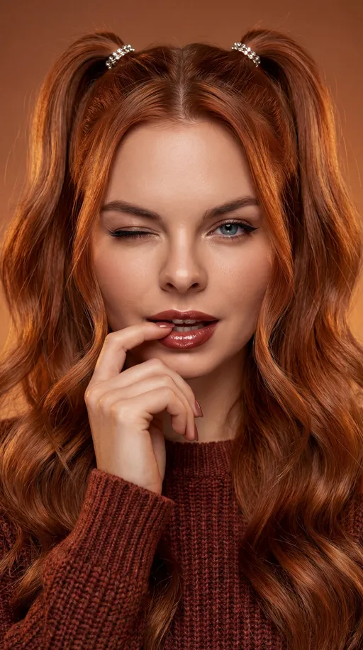 Prompt: A cinematic close-up portrait of a young woman AI avatar with long, softly wavy copper-caramel auburn hair, rich and warm, styled in two high ponytails. Hair tones blend copper, caramel, and soft ginger highlights, creating depth and shine.
Her skin is smooth and luminous with warm undertones. She has expressive eyes, subtle eyeliner, and glossy lips in a deep berry-copper shade. Her expression is playful and confident, with one eye gently winking.
She is wearing a cozy knit sweater in deep copper-wine tones that complements the overall warm palette. One hand is delicately touching her lips, adding a soft, feminine gesture.
The background is a smooth copper-caramel gradient with warm amber hues. Soft studio lighting with warm highlights and gentle shadows, cinematic depth of field.
Hyper-realistic, ultra-detailed skin texture, high-end editorial portrait, warm feminine aesthetic, magical realism, premium quality, 8K resolution.