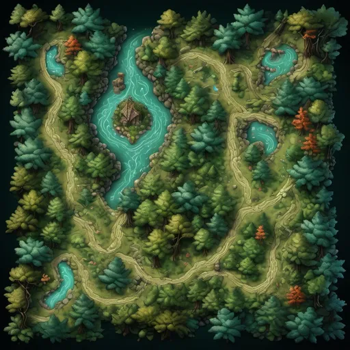 Prompt: (tapestry of a top-down forest map), (2D DnD battlemat), intricate details, vibrant colors, rich textures, shadowy clearings, winding paths, lush trees, various foliage, mystical ambiance, ideal for tabletop gaming, (8K resolution), ultra-detailed, enchanting scenery, interactive terrain elements, inviting pathways, battle-ready aesthetic, whimsical yet strategic layout.