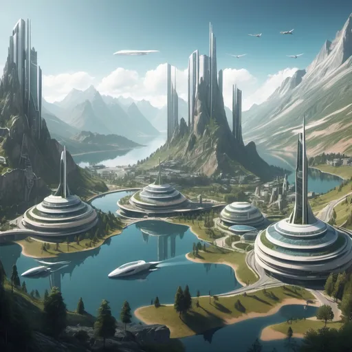 Prompt: A futurist city in the lands mountains near a lake like the lands with medium buildings and a lot of vegetation and futurist transports