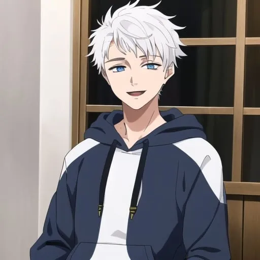 Prompt: 19 year old boy + white hair + dark blue eyes + wearing hoodie + Smiling