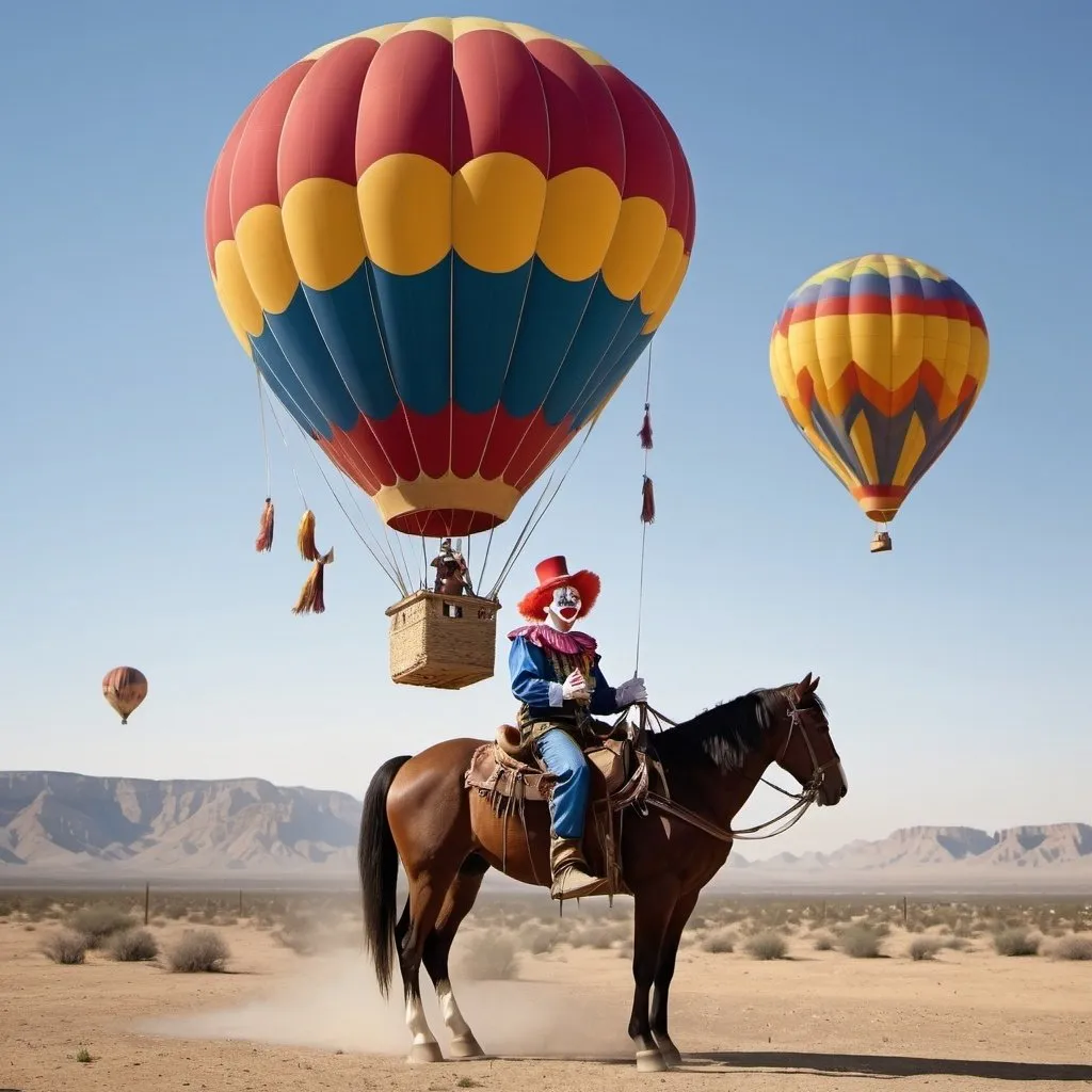 Prompt: a clown is sitting on a horse and above there is a hot air balloon with a cowboy navigating the balloon through the desert skies