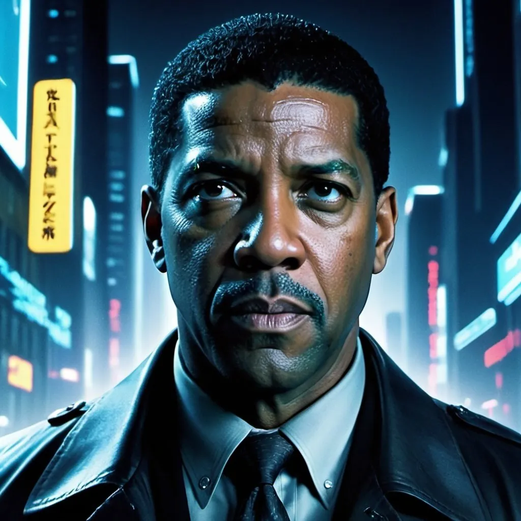 Prompt: Movie cover starring Denzel Washington as a Detective in an alternate futuristic cyber city at night.
