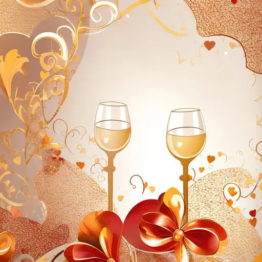 Prompt: Valentine's wallpaper with orange gold and cream background with hearts and sparkles with a wine glass