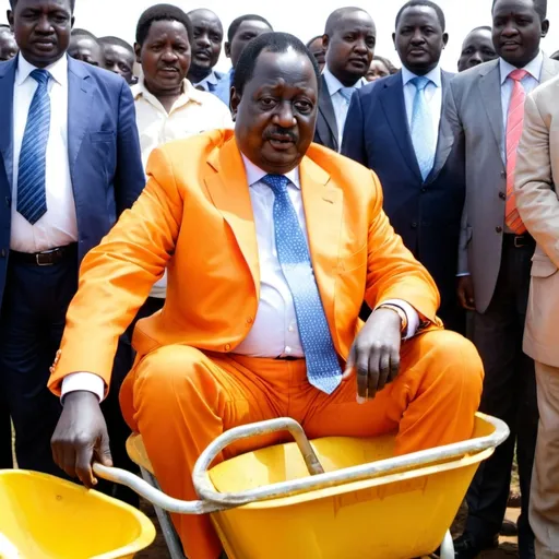 Prompt: Raila odinga sitting in an orange suit sitting in a yellow wheelbarrow with U D A written on the side of the wheelbarrow