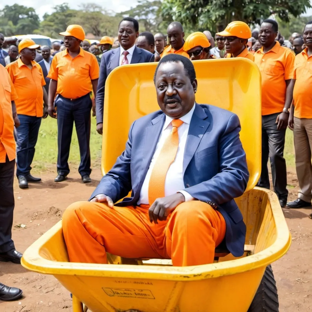 Prompt: Raila odinga in orange outfit sitting in a yellow wheelbarrow.