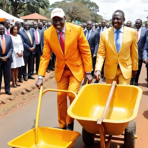 Prompt: William ruto wearing yellow suit pushing a yellow wheelbarrow on which in the side is written UDA  in which Rail Odinga is wearing an orange suit  sitting inside the wheelbarrow showing road sigh to state house