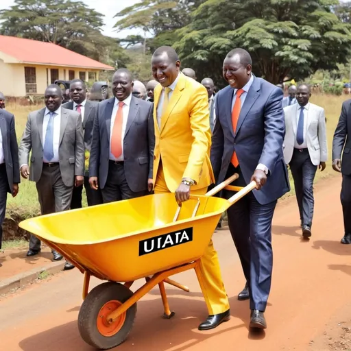 Prompt: William ruto wearing yellow suit pushing a yellow wheelbarrow on which in the side is written UDA  in which Rail Odinga is wearing an orange suit  sitting inside the wheelbarrow. A road sign showing  the words  state house