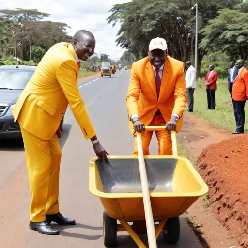 Prompt: William ruto wearing yellow suit pushing a yellow wheelbarrow on which in the side is written U D A  in which Rail Odinga is wearing an orange suit  sitting inside the wheelbarrow. A road sign showing  the words  state house