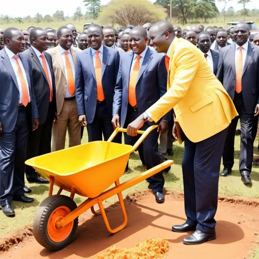 Prompt: William ruto earing yellow pushing a yellow wheelbarrow in which Rail Odinga is sitting inside it in orange outfit 