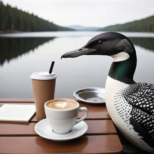 Prompt: classy loon drawing with the loon drinking coffee