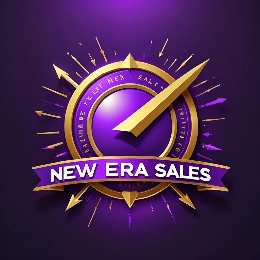 Prompt: a purple and and with the words new era sales on it's side and a gold arrow, Andries Stock, neogeo, logo, concept art items.