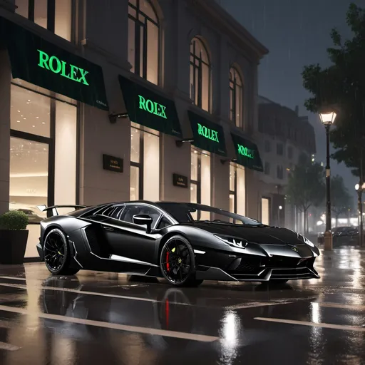 Prompt: a black Lamborghini Aventador SVJ parking infront of an rolex store at a rainy night street lights unreal engine