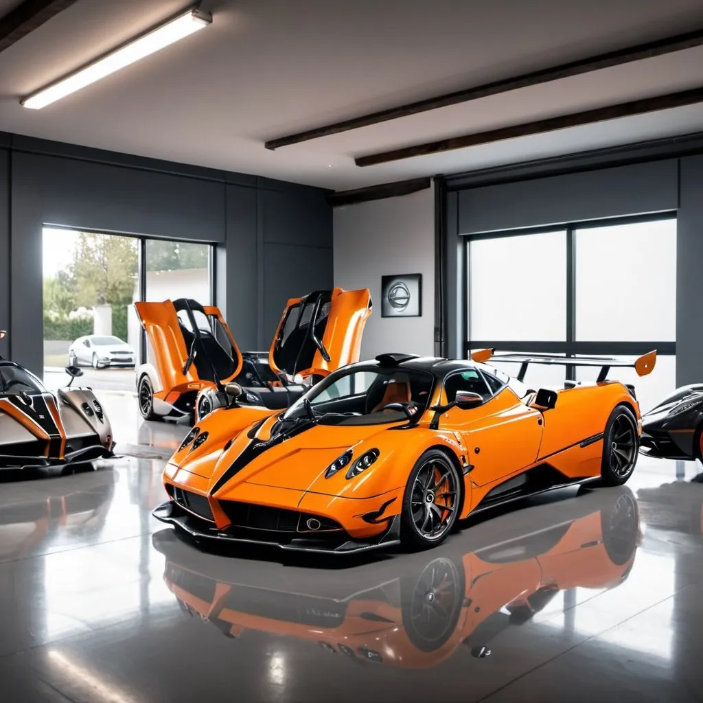 Prompt: A  Garage with 5 Parked pagani inside pagani imola Silver Zonda Cinque Orange pagani logo 4K white Front Interieur Shot clean 4k