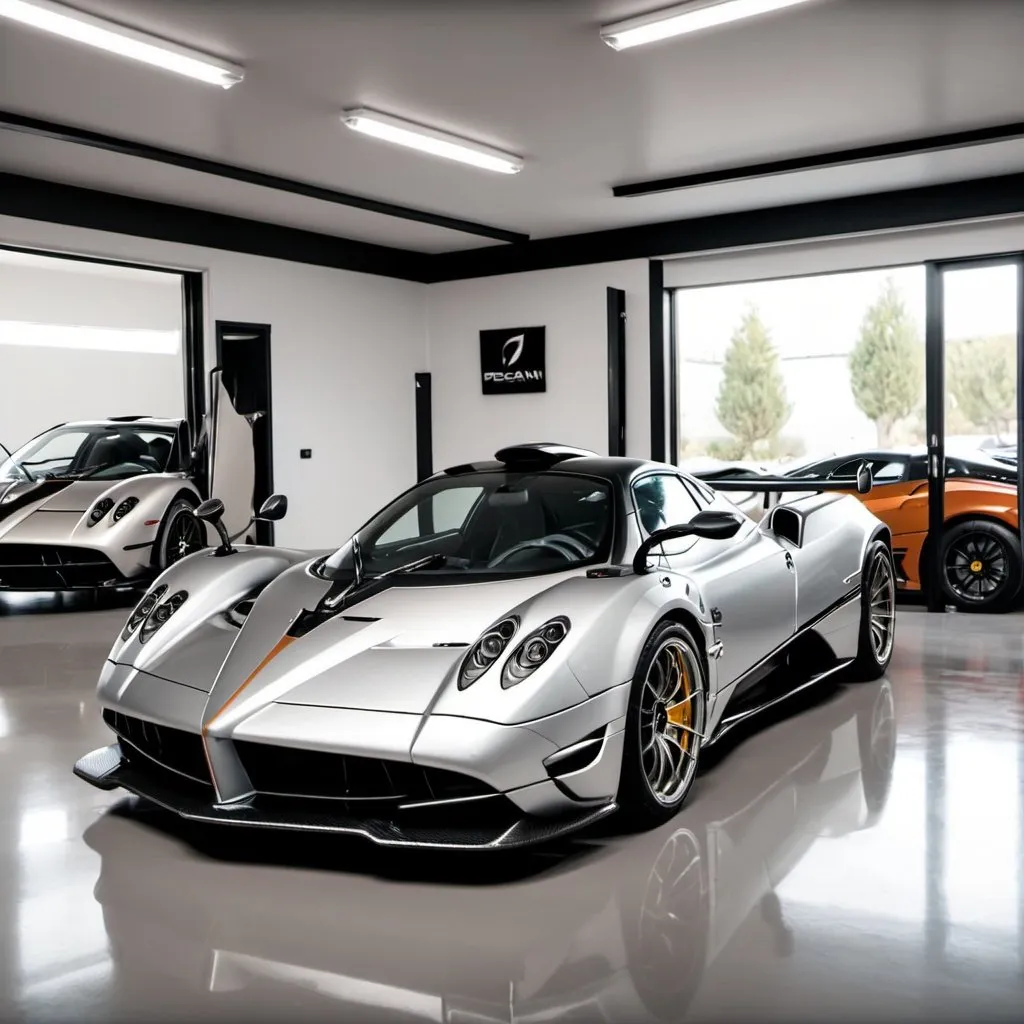 Prompt: A  Garage with 5 Parked pagani inside pagani imola Silver Zonda Cinque  pagani logo 4K white Front Interieur Shot clean 4k white clean shiny Open Doors 