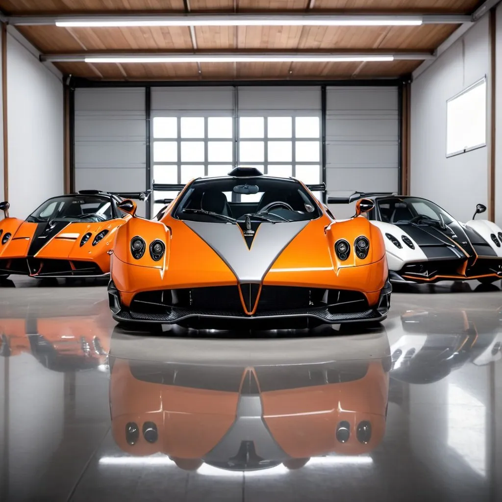 Prompt: A  Garage with 5 Parked pagani inside pagani imola Silver Zonda Cinque Orange pagani logo 4K white Front 