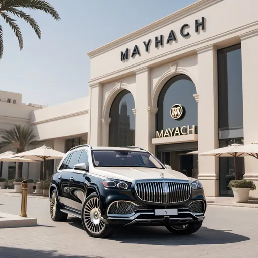 Prompt: a maybach gls 600 parking infront of an maybach store on a sunny day in dubai unreal engine 
s class in the background 
maybach logo on the store