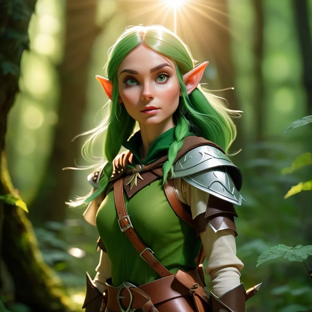 Prompt: Elf ranger in a mystical forest around sunlight