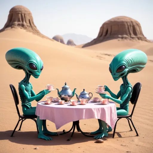 Prompt: aliens having a tea party in the desert
