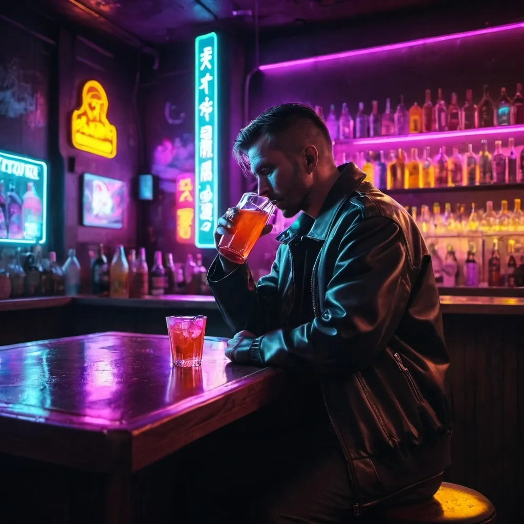 Prompt: man in jacket having a drink in a neon-lit cyberpunk bar