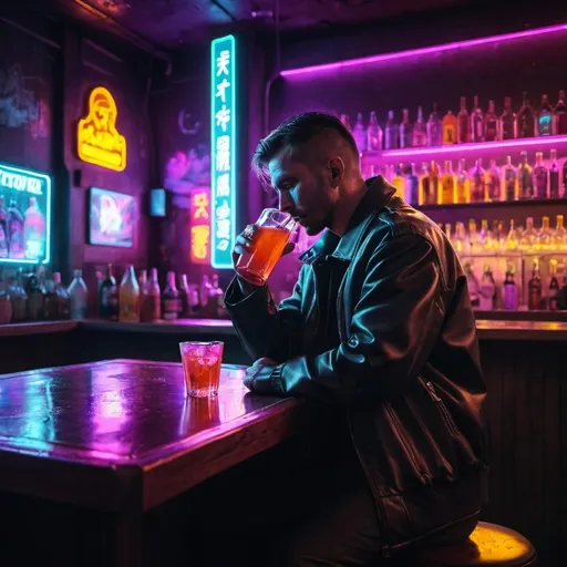 Prompt: man in jacket having a drink in a neon-lit cyberpunk bar