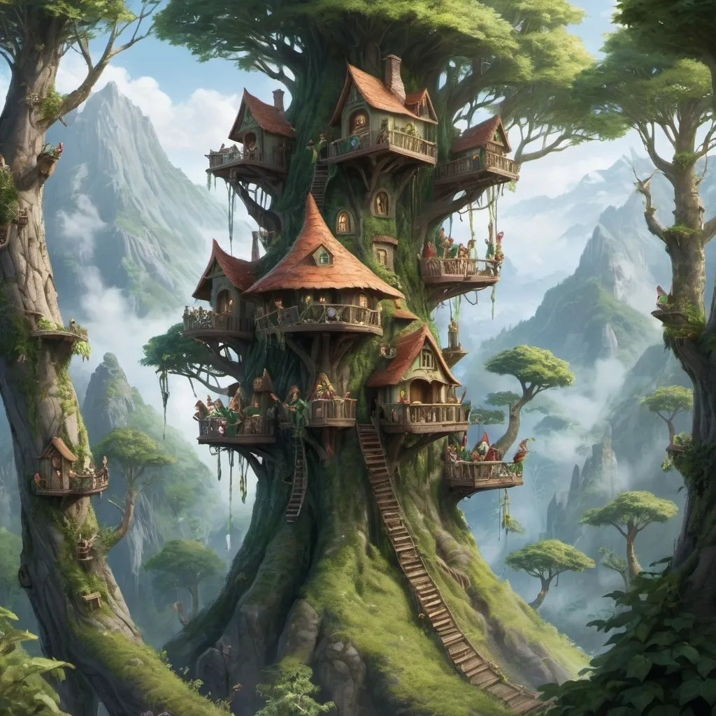 Prompt: a community of elves living high up in the trees