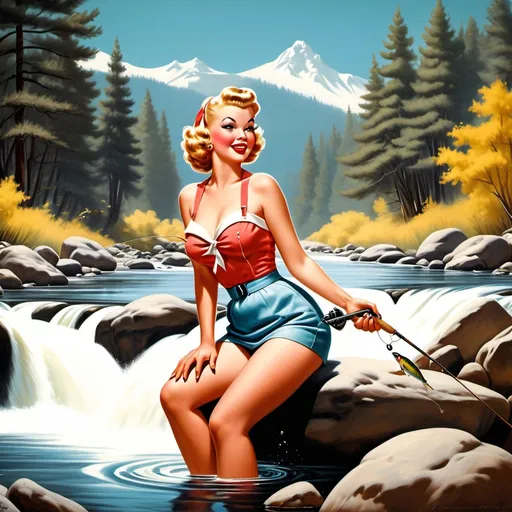 Prompt: A classic 50s pin-up with retro styling fishing in a mountain creek surrounded by trees and blue skies