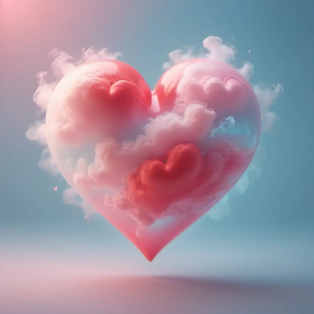 Prompt: A beautiful red and pink heart radiating love, dream aesthetics on a very light blurred blue background, like a cloud