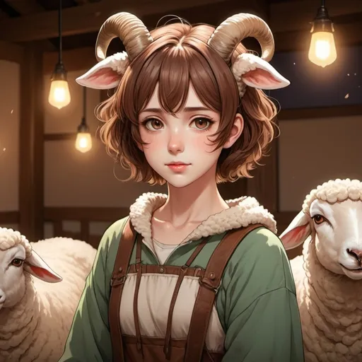 Prompt: High-quality, detailed anime illustration of a human girl with sheep ears and horns, short brown hair, pastoral fantasy setting, detailed features, warm and cozy lighting, anime, fantasy, pastoral, detailed hair, cute design, professional, atmospheric lighting