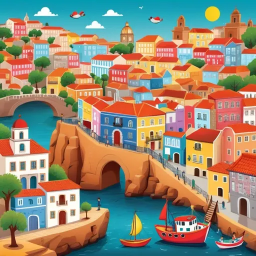 Prompt: Illustration of Portugal dos Pequenitos in vector, kid-friendly, vibrant colors, detailed landmarks, playful characters, cartoon style, educational, fun, vector art, kids illustration, vibrant colors, detailed landmarks, playful characters, educational, high quality, colorful, vibrant, detailed, cartoon style, playful, fun