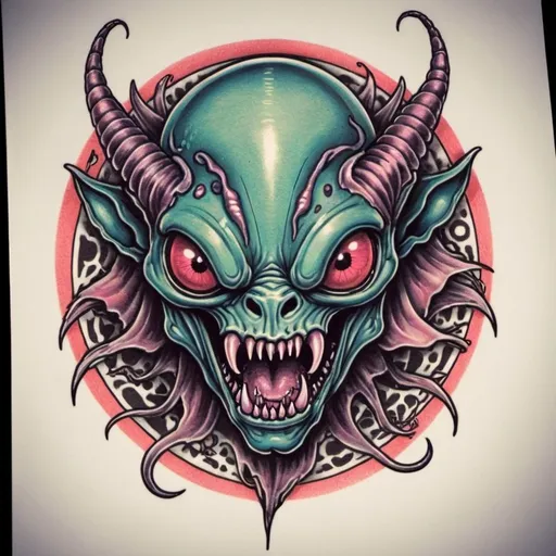 Prompt: evil demented alien 
beast
 tattoo flash
