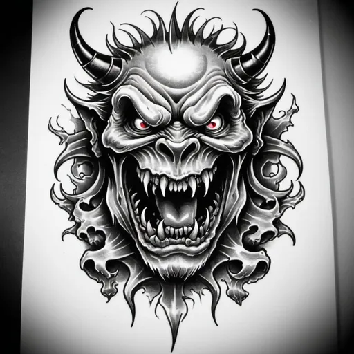 Prompt: evil demented beast
 tattoo flash
