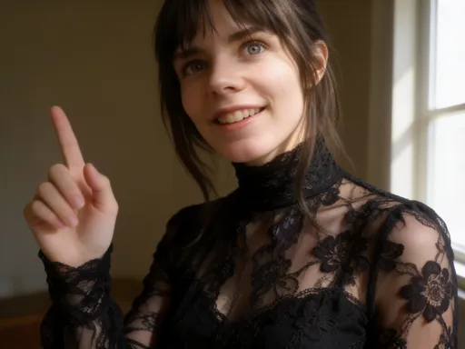 Prompt: This photograph is of a young woman @mwM3S2RQtFEQdbIgUrJO She smiles warmly at the camera with a beckoning the viewer closer with her index finger. She wears a long-sleeved, high-necked, black lace see-through top