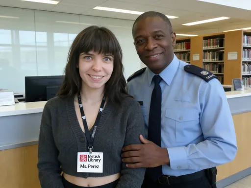 Prompt: @jCzIauUbUMlSItv07cbH is a cute young woman who is working at the reception desk of a modern university library. She wears a lanyard with the British Library logo and the words "Ms. Perez". She wears a dark grey woollen cardigan that is cropped to reveal her belly button. She smiles warmly at the camera. A middle aged black man, dressed in a library security uniform, is chatting to her. He stands very close to her, with his hand on her arm