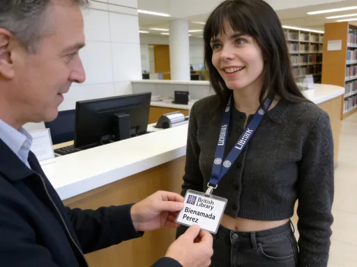 Prompt: @mwM3S2RQtFEQdbIgUrJO is a young woman working at the reception desk of a modern university library. She wears a dark grey wollen cardigan that is slightly cropped to reveal her midriff, and dark grey jeans. She wears a lanyard with the logo of the British Library and her name "Bienamada Perez". She giggles shyly at a middle aged man who is asking for her help. The man touches the woman's lanyard, looking at it to read her name. 