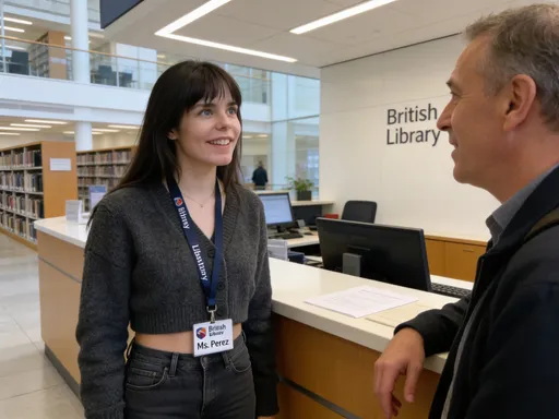 Prompt: @mwM3S2RQtFEQdbIgUrJO is a young woman working at the reception desk of a modern university library. She wears a dark grey wollen cardigan that is slightly cropped to reveal her midriff, and dark grey jeans. She wears a lanyard with the logo of the British Library and her name "Ms. Perez". She smiles warmly at a middle aged man who is asking for her help