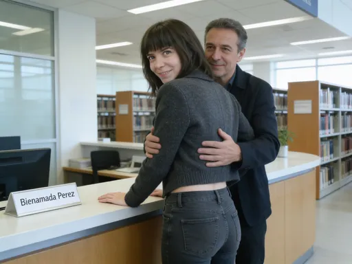 Prompt: @jCzIauUbUMlSItv07cbH is a young woman working at the reception desk of a modern university library. She wears a dark grey woollen cardigan that is slightly cropped to reveal her midriff, and dark grey jeans. She stands at the reception desk, with her hands palms down on the desk, leaning slightly forwards, her back to the camera. Directly behind her stands a middle aged man . The man has his hands around the woman, embracing her from behind. The woman is looking back  over her shoulder and smiling warmly. On the desk is a name card with the name "Bienamada Perez"