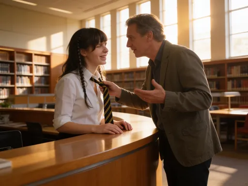 Prompt: @W7TnOj8wuwrGsn1Hikkw is a young woman working at the reception desk of a modern university library. She giggles shyly at a middle aged man who is asking for her help. The man gently tugs the woman's tie, looking into her eyes with an intense expression