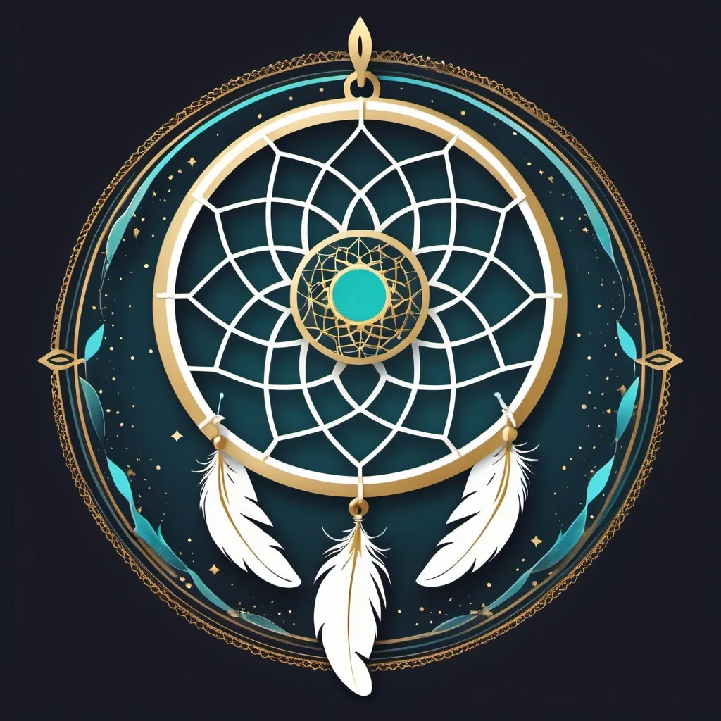 Prompt: Logo Concept: “Celestial Dreamcatcher”      Main Symbol: A stylized dreamcatcher with a circular gold hoop.     Webbing: Delicate, geometric web in white, forming a subtle mandala pattern.     Feathers: Three feathers hanging below 2 turquoise, 1 gold
