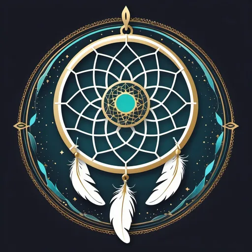 Prompt: Logo Concept: “Celestial Dreamcatcher”      Main Symbol: A stylized dreamcatcher with a circular gold hoop.     Webbing: Delicate, geometric web in white, forming a subtle mandala pattern.     Feathers: Three feathers hanging below 2 turquoise, 1 gold