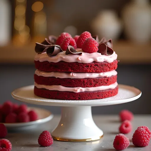 Prompt: {a luxurious red velvet cake with cream cheese frosting, topped with fresh raspberries and chocolate curls}, elegant bakery setting, soft studio lighting, Canon R6, macro lens, shallow DOF, ultra high-res, styled for upscale dessert catalog
