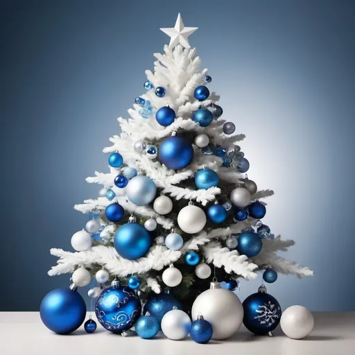 Prompt: Christmas tree with the ornaments colour of white and blue.
White on the top to the bottom with blue with gradients.  
