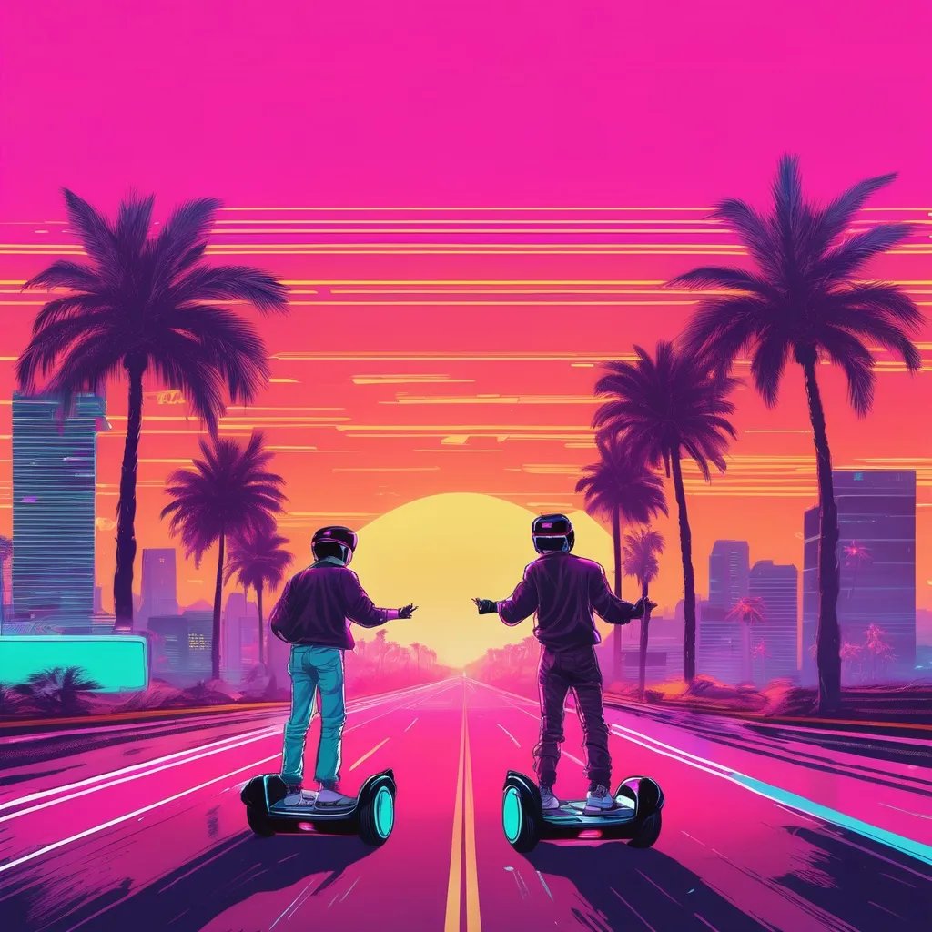 Prompt: retro 80s art, 2 men on hoverboards down a highway with palm trees on the side of the road, retro art, synthwave, city view in the background, highly detailed