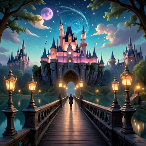 Prompt: (Album cover) a man standing on a bridge next to a tranquil lake at night, enchanted atmosphere, a beautifully illuminated castle in the background, (neoclassicism) intricate architectural details, soft glows from the lit-up building, (Disney, Pixar style) whimsical touches integrated, vibrant colors reflecting on the water, (HD) ultra-detailed, romantic and magical ambiance, starry sky above, inviting serenity.