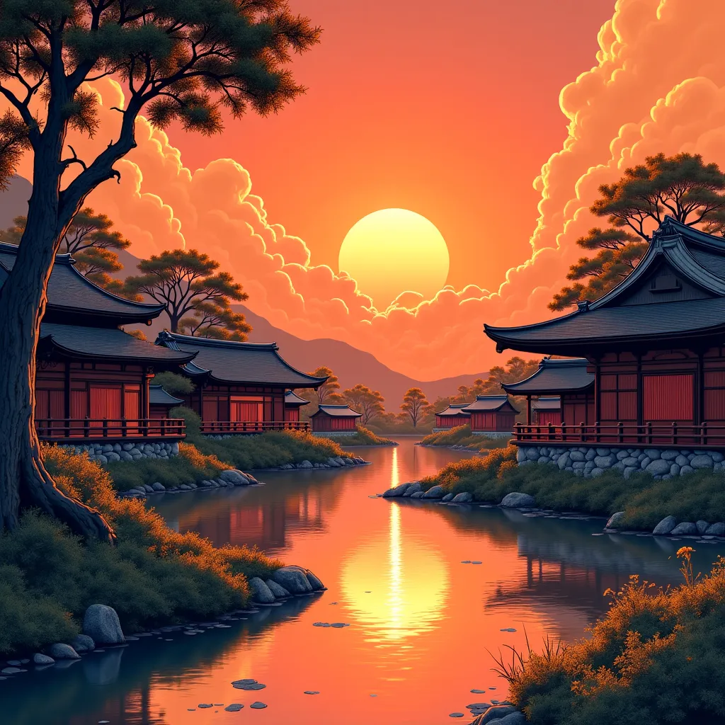 Prompt: Manga art, a serene samurai village at sunset, complete with a tranquil pond.