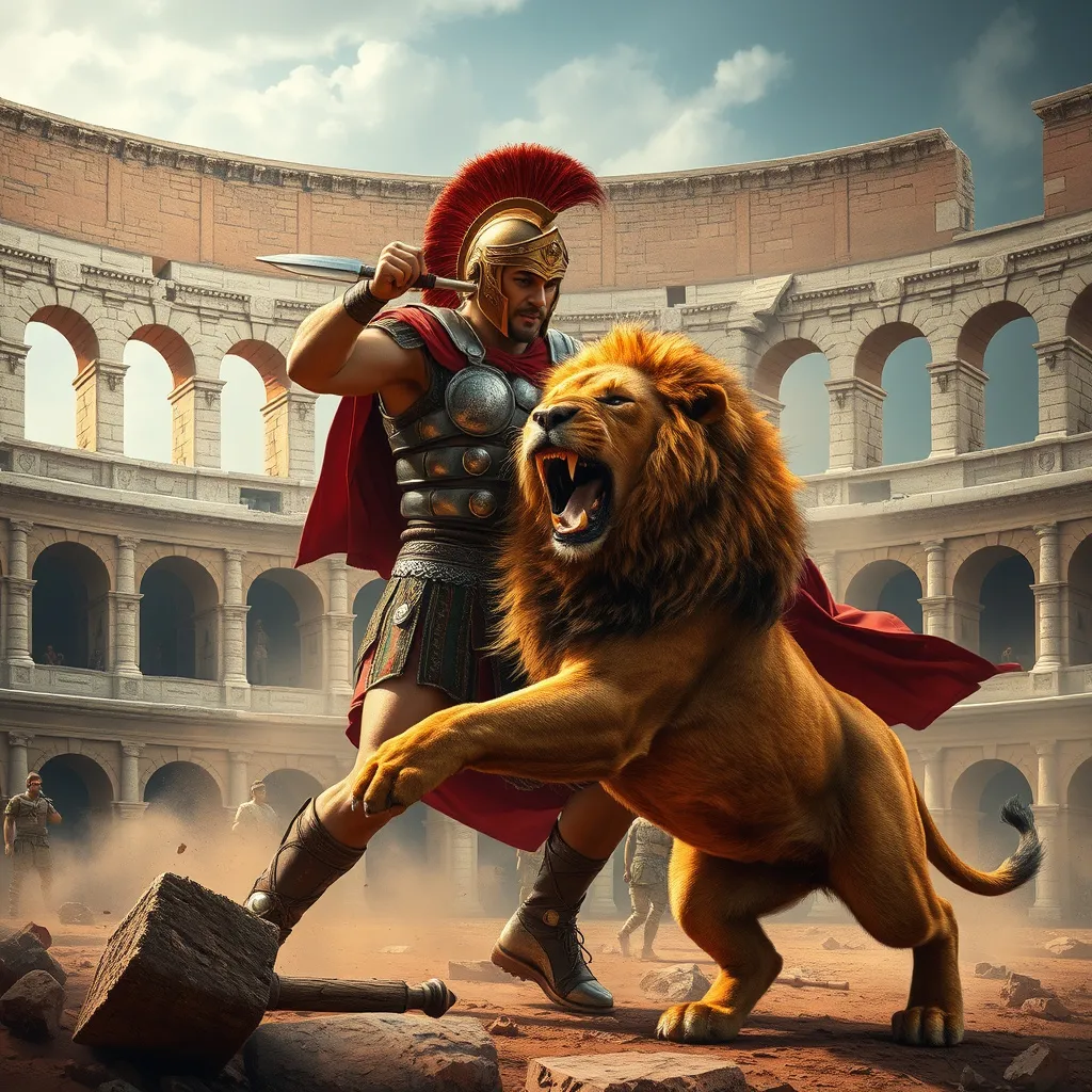 Prompt: A Roman warrior battling a lion in the Colosseum